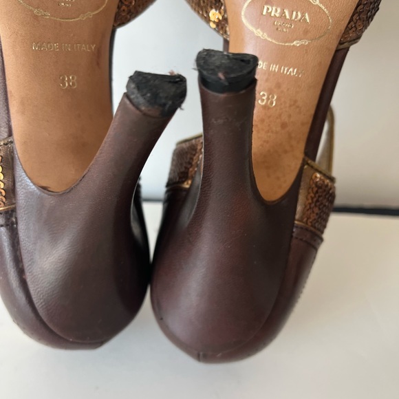 Prada Vintage Brown gold Sequin PeepToe Ankle strap Heels Sz 38 - Picture 9 of 9